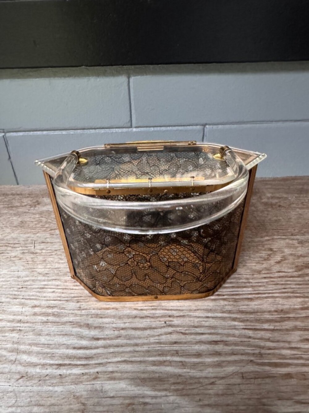 Majestic Lucite Box Purse Black Lace Gold Tone Vintage 1950s Evening Handbag - Picture 4 of 7